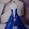 Imagen real brillante Nuevo blanco y azul real Una línea de vestido de novia 2019 Apliques de tafetán de encaje Vestido de novia Cuentas de cristal por encargo F283c