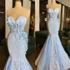 Blue Elegant Sky Prom Dresses Lace Sequined D Floral Appliques Mermaid Evening Dress Plus Size Handmade Special Ocn Gowns ress