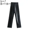 Shebeling Za Woman Casual Traf Byxor Spring Punk Style Straight Long Long Pant High midja Femme Faux Pu Leather Pants 220214