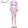 Simenual Tie Dye Casual Women Three Piece Sets Fitness Bodycon Fashion Long Sleeve Outfits 2020 Crop Top And Leggings Co-ord Set T200810