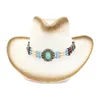 Brown Spray Paint Plain Paper Straw Cowboy Hats with Ethnic Hatband Decor Men Women Wide Brim Beach Sunhat Sunshade Hat