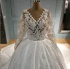 Очаровательные кружевные V-образные свадебные платья с длинными рукавами свадебные шарики задние крытые кнопки развестный поезд Vestido de Novia