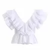 Nuove donne solide scollo a V plissettate increspature casual bianco grembiule camicetta signore chic manica a farfalla popeline femininas camicia top LJ200812