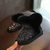 Botas de nieve para niños Botas de piel de conejo para niñas Zapatos de algodón para bebés Lentejuelas Botas de cuero genuino LJ201201