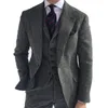 Grå Herringbone Men's Suit Tweed British Style Custom Made Man Suit Slim Fit Blazer Wedding Suits For Men 3 Pieces 220225