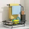 Sponge Holder Kitchen Sink Caddy Organizer Countertop Brush Soap Dish Rack Drainer Tray with Drain Pan, Black 220125