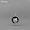INATURE Cat Selfie 925 Sterling Silver Chain Necklaces For Women Blue Lapis Lazuli Round Pendant Necklace Fine Jewelry Q0531