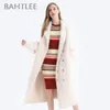 Bahtlee Vrouwen Angora Double Breasted Long Jas Trui Winter Wol Gebreide Vesten Jumper Turn Down Collar Lantern Sleeves \ 201031