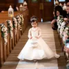 Lovely Lace Flower Girls Dresses Jewel Neck Sheer Long Sleeves Applique Big Bow Birthday Dresses Cute Girls Pageant Gowns With Button Back BC4730