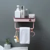 Badrum dubbeldäck hylla dusch caddy arrangör väggmontering schampo rack med handduk bar ingen borrning kök förvaring badrum tillbehör v6