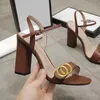 Classic High heeled sandals party 100% leather women Dance shoe designer sexy heels 10cm Suede Lady Metal Belt buckle Thick Heel Woman shoes Large size 35-41-42 With box