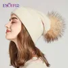 ENJOYFUR Winter Hüte Für Frauen Natürliche Fell Pompon Hut Warme Wolle Slouchy Beanies Weibliche Mode Skullies Dame 211229