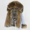 Oftbuy Vinterjacka Kvinnor Kort Vattentät Parka Real Rabbit Fur Liner Coat Natural Raccoon Big Fur Collar Hood Removable 201103