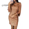 Svokor V-образным вырезом в кисточке блестящие платья женщины сексуальное ведро платье с длинным рукавом клуб одежды женщины плюс размер 201204