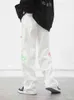 Jeans dritti con stampa di lettere multitasche retrò uomo donna pantaloni in denim larghi oversize pantaloni streetwear Harajuku neri bianchi G0104