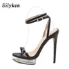 Сандалии Eillken Butterfly-Knot Sandals Open Toe Прозрачная платформа Женщина Пряжка Ремень Платье Каблуки Сандалии Белые Черные Обувь 220310