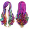 Women Multicolor Lolita Rainbow Long Curly Wavy Hair Cosplay Party Full Wigs Cap