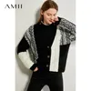 AMII Minimalism Autumn Female Cardigan Fashion Knitted Vneck Full Sleeve Loose Spliced Women's Jacket Women's sweater 12040777 201223