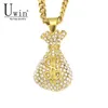 UWIN Stainless Steel Dollar Sign Purse Gold Coins Money Bag Pendant With Rhinestone Charms Iced Out Necklace Hip Hop 2010144440349