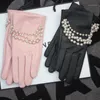 Five Fingers Gloves Women's Glove Real Leather Pearl Decoration Short Thin Keep Warm Plus Velvet Female Elegant Black Pink 1