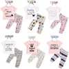 Bébé filles tenues de bande dessinée 6 style lettre T-shirts infantile enfant en bas âge vêtements de bébé ensembles pantalons rayés points pantalons floraux avec bandeaux M3274