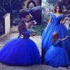 Cute Cheap Princess Royal Blue Girls Pageant Dresses Off Shoulder Tulle Pearls Beaded Ball Gowns Kids Party For Wedding Flower Girl Dresses