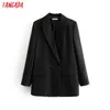Tangada Kvinnor Elegant Blå Dubbel Breasted Suit Jacka Designer Office Ladies Blazer Business Wear Topps LJ200911