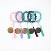 18 Colors Wood Chips Tassel Keychain Favor Multicolor Wooden Elastic Beaded Bracelet DIY Engraving Jewelry Crafts