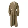 Printemps Femme kaki Long Trench-Coat Style Britannique Vintage Puff Sleeve Long Dust Coat Élégant Taille Bandage Coupe-Vent 201029