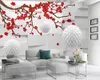 Aangepaste romantische bloemen 3d behang witte drijvende bal en mooi rood pruim 3d muur papier voor woonkamer aangepaste foto