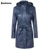 Cashiona 2020 Ny Faux PU Läder Lång Jackor Kvinnor Höst Hooded Ytterkläder Zipper Winter Coats Slim Jacket Hoodies Plus Velvet LJ201012