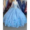 Bahama Blue 3D Flowers Quinceanera Dresses With Wrap Crystal Beaded Dress Evening Gowns Classic Sweetheart Lace-up Sweet 16 Dress Plus