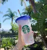 Starbucks 24oz/710ml Gökkuşağı Plastik Tumbler Yeniden Kullanılabilir Açık İçme Düz Alt Bardak Sütun Şekli Kapak Saman Kupaları Bardian