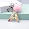 2022 new Creative Love Sequin Keychain Resin Epoxy 26 Glitter English Letter Ornaments Pink Pompom Keychains Charm Bag Keyring Gifts