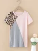 Garotas garotas contraste leopard colorblock tee vestido she01