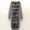 Real Natural Fox Fur Coat Sweter Cardigan Damska Oryginalna Wełna Knitting Z Fox Collar Długa Ciepła Zimowa Jesień Outnewear 201031