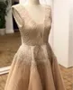 Saudyjska Arabia Szampan Prom Dresses Sexy Głębokie V Neck Długość Herbaty Płaski Zroszony Suknie Wieczorowe Zipper Back Custom Made Cocktail Party Vestidos
