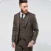 2021 Vintage Brown Herringbone Tweed Mężczyźni Garnitury Dla Garnitury Ślubne Męskie Kurtka Oblubienica Groom Nosić Blazer Slim Fit Custom Made Tuxedo Formal