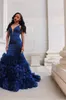 2022 로얄 블루 댄스 파티 드레스 이브닝 가운 섹시한 깊은 V 넥 민소매 인어 러프 organza 스커트 공식 파티 드레스