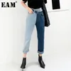 [Eam] Nova Primavera Moda Cintura Alta Patchwork Bateu Cor Destacável Blue Jeans Reto Denim Calças Mulheres SC08 210203