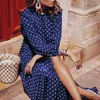 Cvyataya Boho Latarnia Długie Rękawy Polka Dot Drukowane Midi Dres Eleganckie Vintage Stand Collar Split Sukienka Jesień Robe Femme 220311