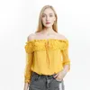 Mode Elegante Frauen Hemd Häkeln Schlank Tops Spitze Patchwork Stickerei Neun Viertel Hülse Büro Gelb Bluse