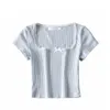 Sommer Crop Top Frauen Vintage Grafik T Shirts Koreanische Mode Lila S Kurzarm Niedlichen Elegant Schwarz Weiß 220312