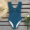 2020 Sexy Green Teal Plunging Solid Swimwear Women 1pc Swimsuit Ruffle Ruched Monokini Girl Beach Wear Bathing Suits S XXL T200708