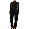 Kvinnors Jumpsuits Rompars Casual Women Ribbed Jumpsuit Långärmad Turtleneck Hollow Out Back Hög Elasticitet Rib Bodysuit Ruffles Utomhus