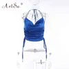 Artsu Fashion Satin kedja halter skörd Top för kvinnor Sommar Ärmlös Backless Drawstring Ruched Feminino Toppar Club Andyve395 Y220304