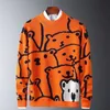 Mens Autumn Casual Sweaters Polar Bear Pattern Trendy Slim Sweaters Cotton Long Sleeve Round Collar Male Warm Pullovers Orange 201211