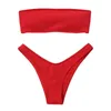 Kadınlar Ayarlanabilir Geri Dantel-up Bandeau Bikini Kapalı Omuz Bikini Set Nervürlü Mayo Kadın Mayo Seksi Pembe Mayo LJ200825