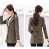 Peonfly Vintage Office Lady Notched Collar Plaid Women Blazer Single Button Autumn Jacket Casual Fickor Kvinnor Kvinnor Coat 201105