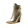 Stövlar Epher Gold Snake Print Ankel Women Wedge Heel Booties Buckled Chunky Heels Western Boot